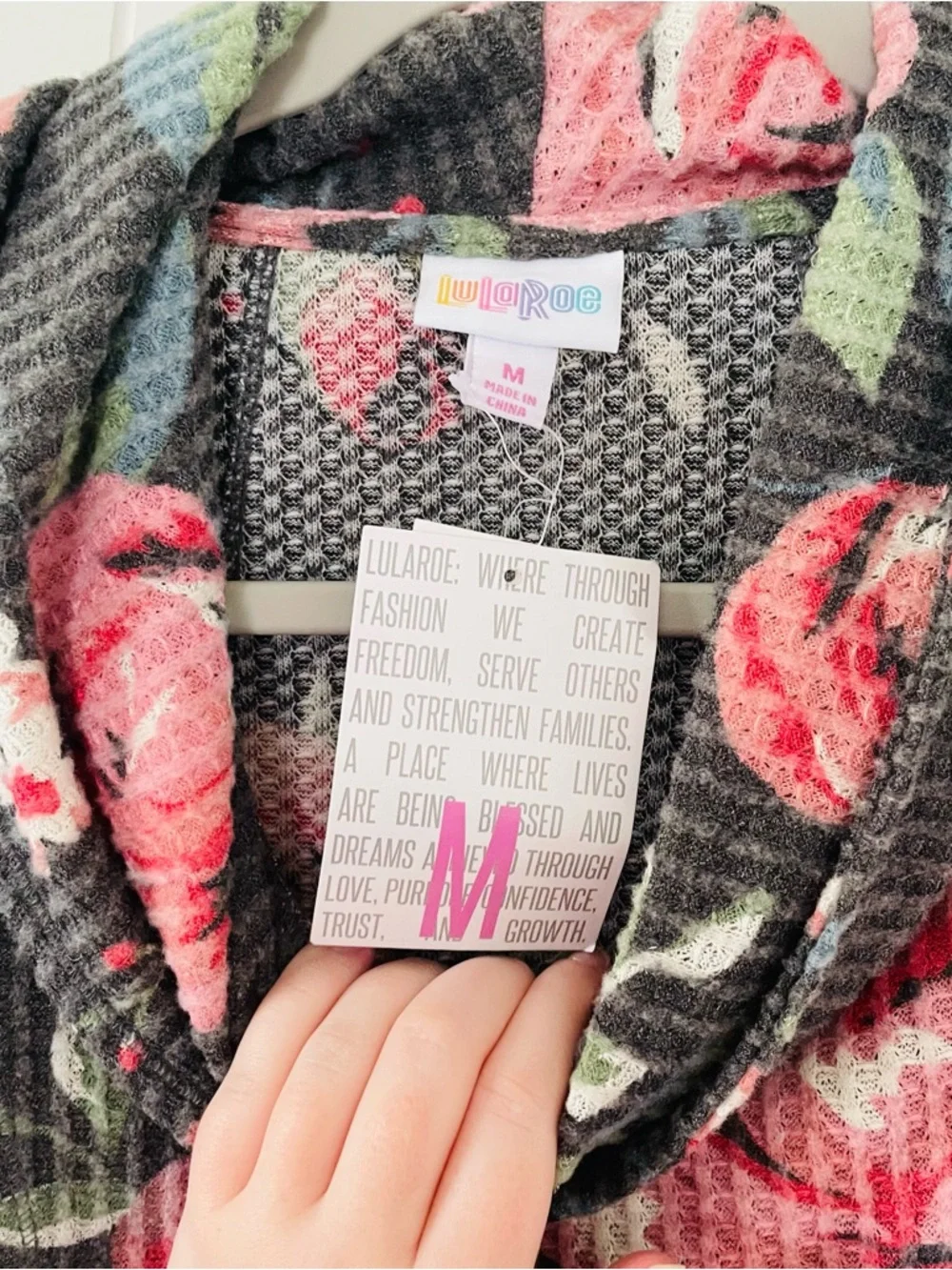 LuLaRoe Charcoal Sweater with Pink Rose Print